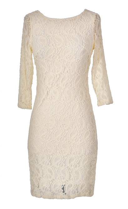 Paisley Lace Three Quarter Sleeve Dress in Cream